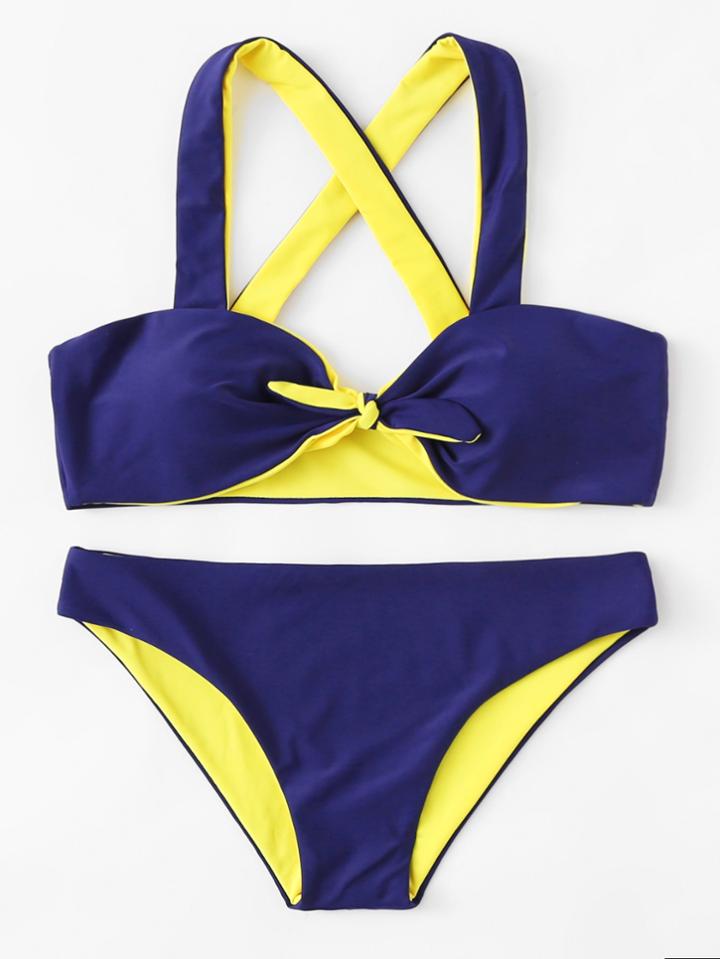 Romwe Cross Back Knot Bikini Set