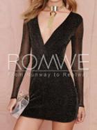 Romwe Black Long Sleeve Deep V Neck Bodycon Dress
