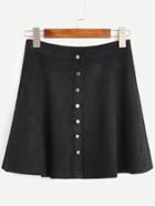 Romwe Black Faux Suede Button Front A-line Skirt
