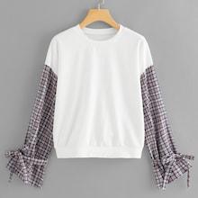 Romwe Plaid Panel Knot Sleeve Sweatshirt