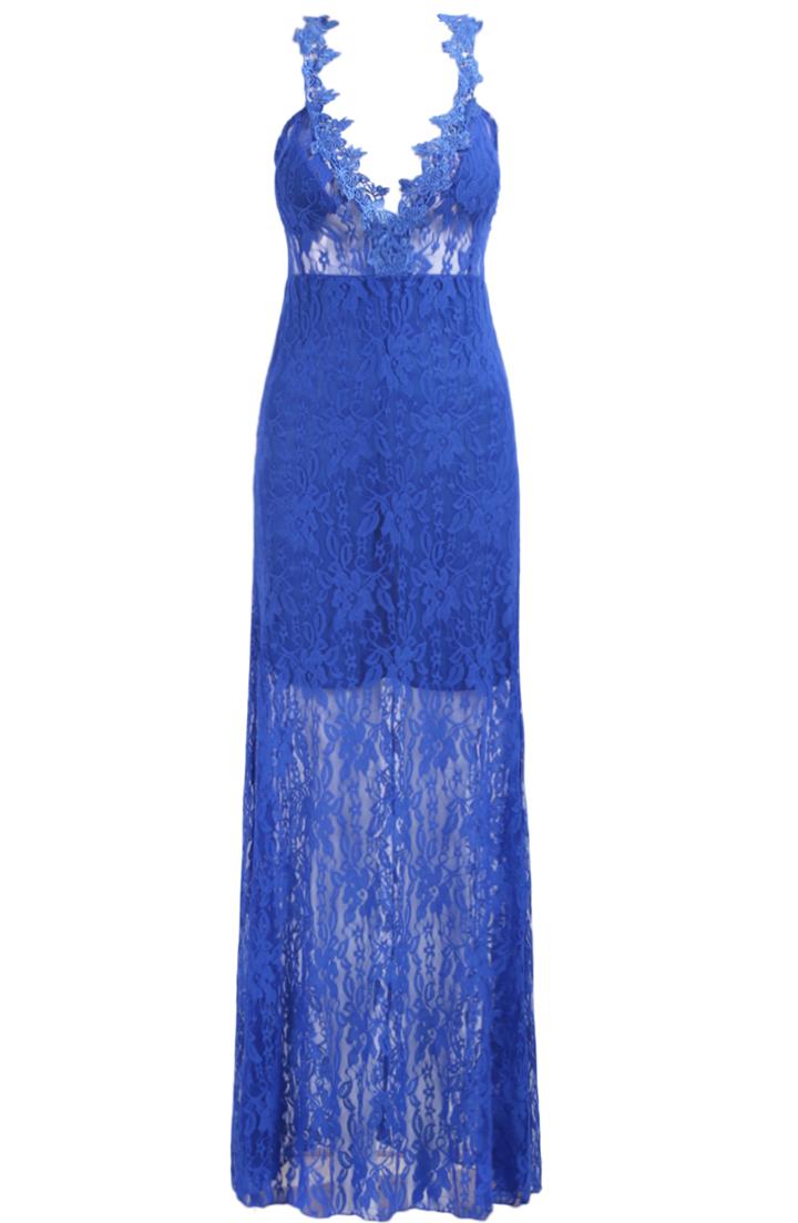 Romwe Spaghetti Strap Backless Sheer Lace Dress