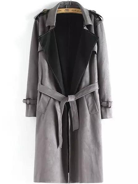 Romwe Lapel Epaulet Tie-waist Grey Trench Coat
