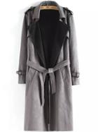 Romwe Lapel Epaulet Tie-waist Grey Trench Coat