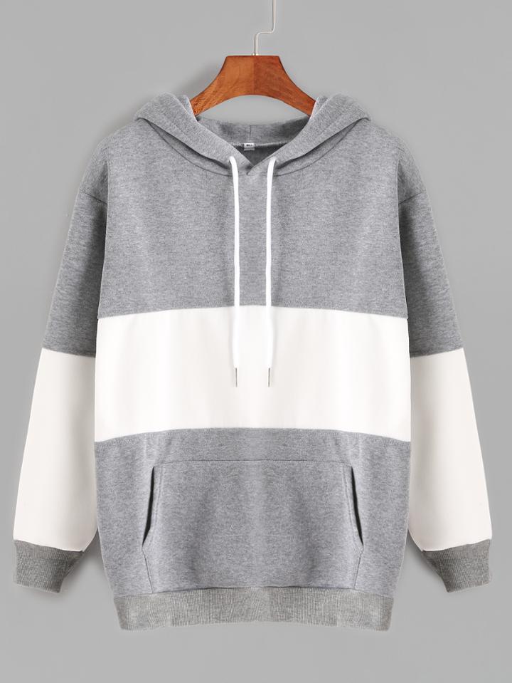 Romwe Grey Contrast Drawstring Pocket Hoodie
