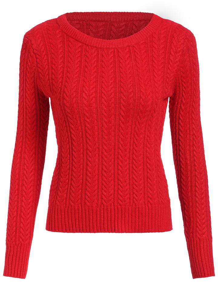 Romwe Round Neck Cable Knit Slim Sweater