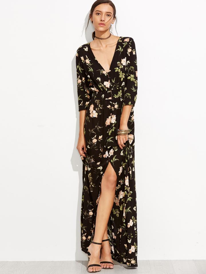 Romwe Plunging V-neckline Florals Buttons Front Dress