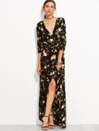 Romwe Plunging V-neckline Florals Buttons Front Dress