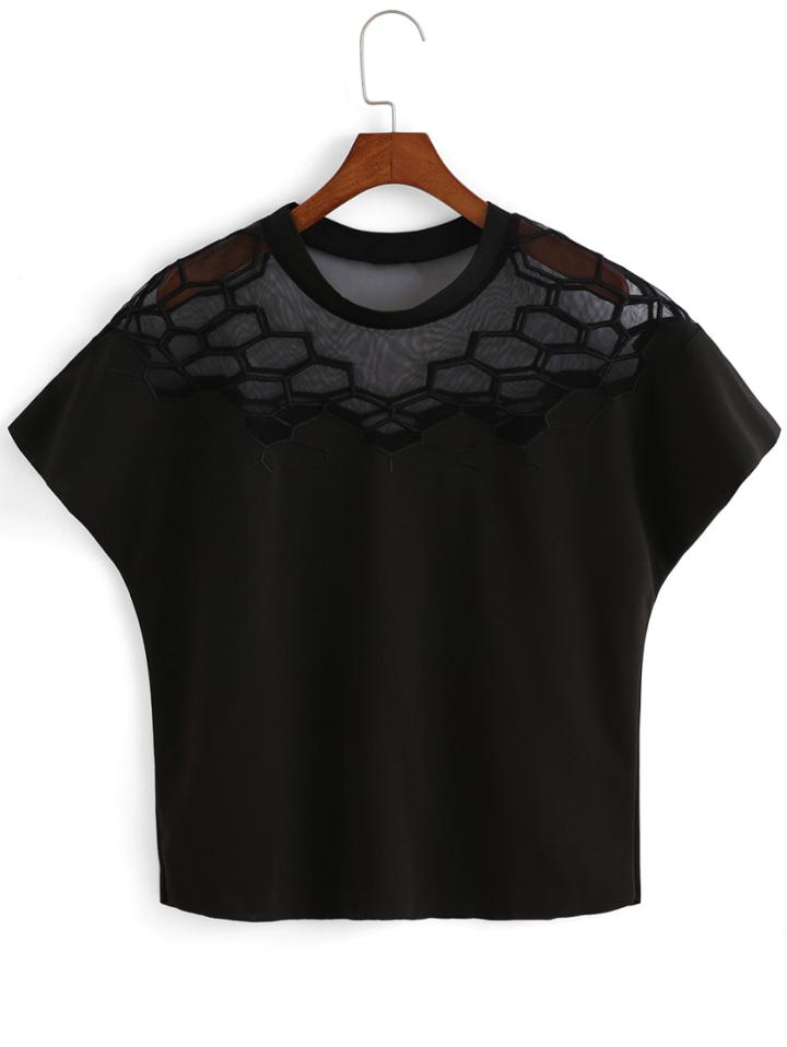 Romwe Mesh Paneled Loose Black Top