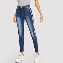 Romwe Contrast Snakeskin Tape Side Ripped Jeans