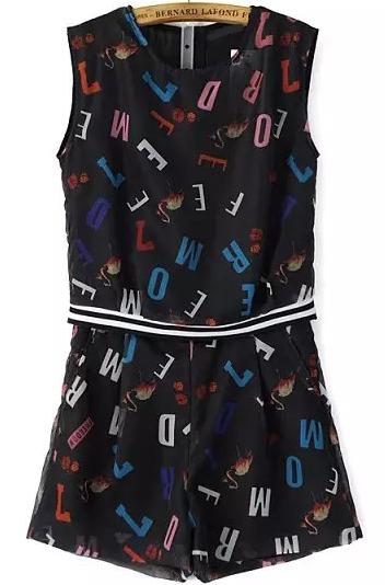 Romwe Sleeveless Letter Print Top With Zipper Shorts