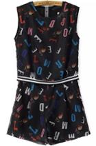 Romwe Sleeveless Letter Print Top With Zipper Shorts