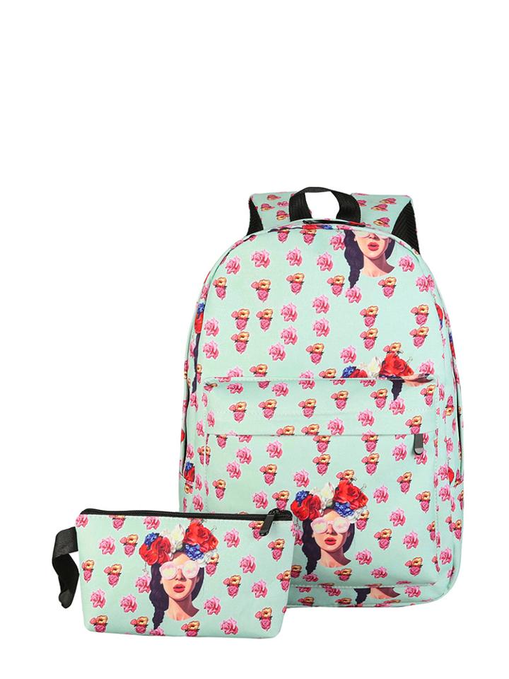 Romwe Calico Print Canvas Backpack With Clutch
