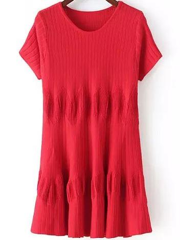 Romwe Short Sleeve Jacquard Red Dress