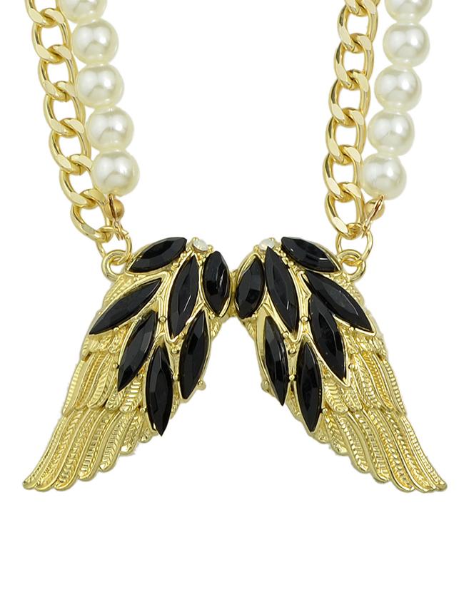 Romwe Black Rhinestone Wing Shape Pendant Women Necklace