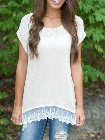 Romwe Round Neck Short Sleeve Lace T-shirt