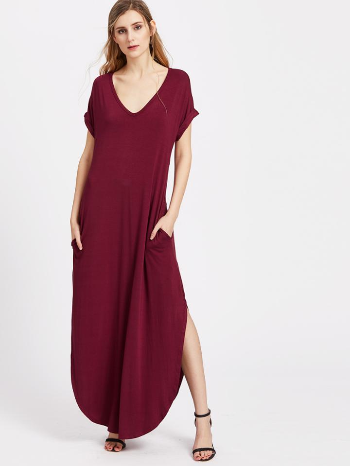 Romwe V Neck Roll Cuff Side Pocket Curved Tee Dress