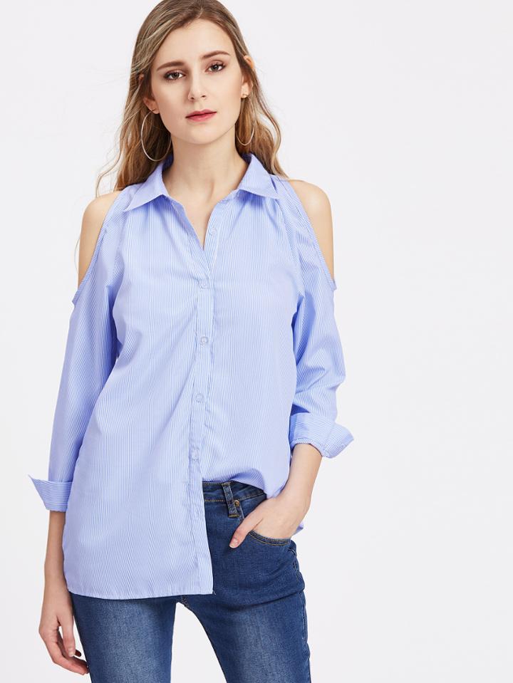 Romwe Open Shoulder Vertical Pinstripe Top