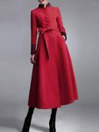 Romwe Stand Collar Buttons Belt Long Red Coat