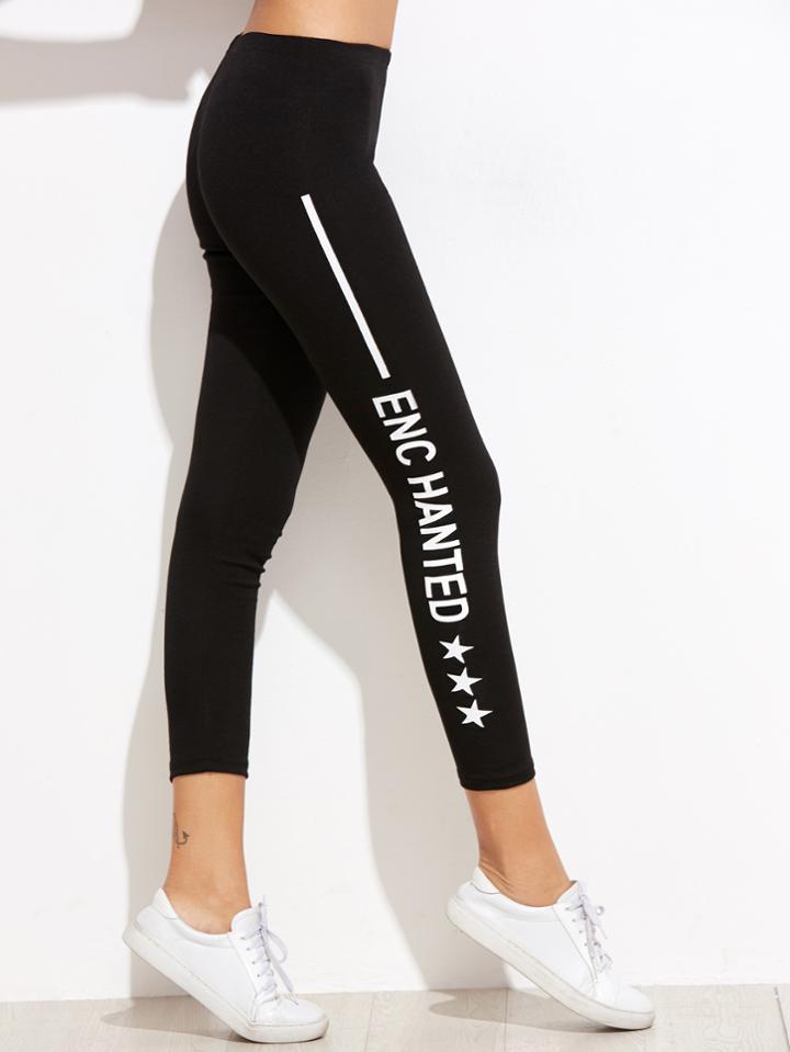 Romwe Black Printed Side Leggings