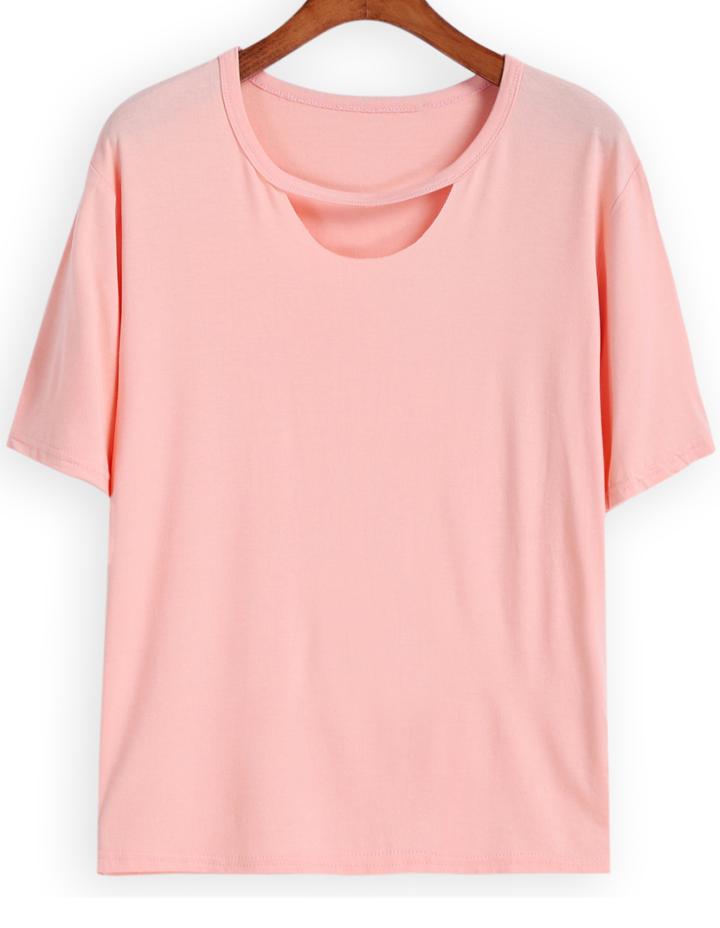 Romwe Round Neck Cut Out Pink T-shirt