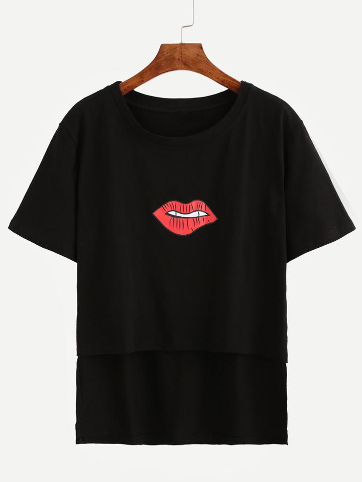Romwe Black Lip Print High Low T-shirt