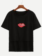 Romwe Black Lip Print High Low T-shirt