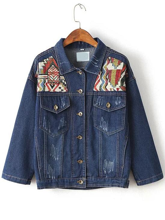 Romwe Blue Tribal Embroidery Denim Jacket