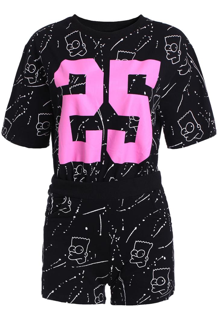 Romwe Simpson Print Top With Black Shorts