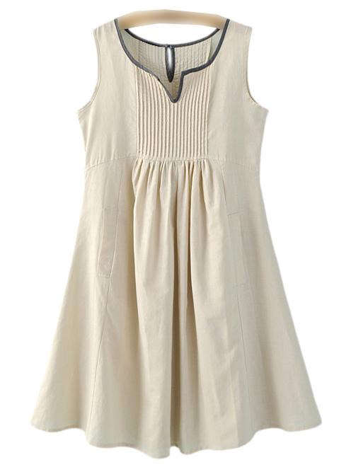 Romwe Apricot High Waist Pockets Cotton Hemp Pleated Dress
