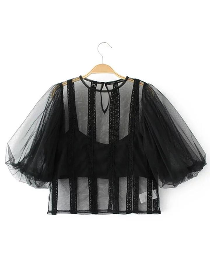 Romwe Lantern Sleeve Keyhole Back Sheer Top