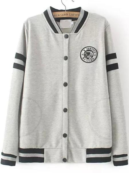 Romwe Grey Stand Collar Striped Badge Sweatshirt