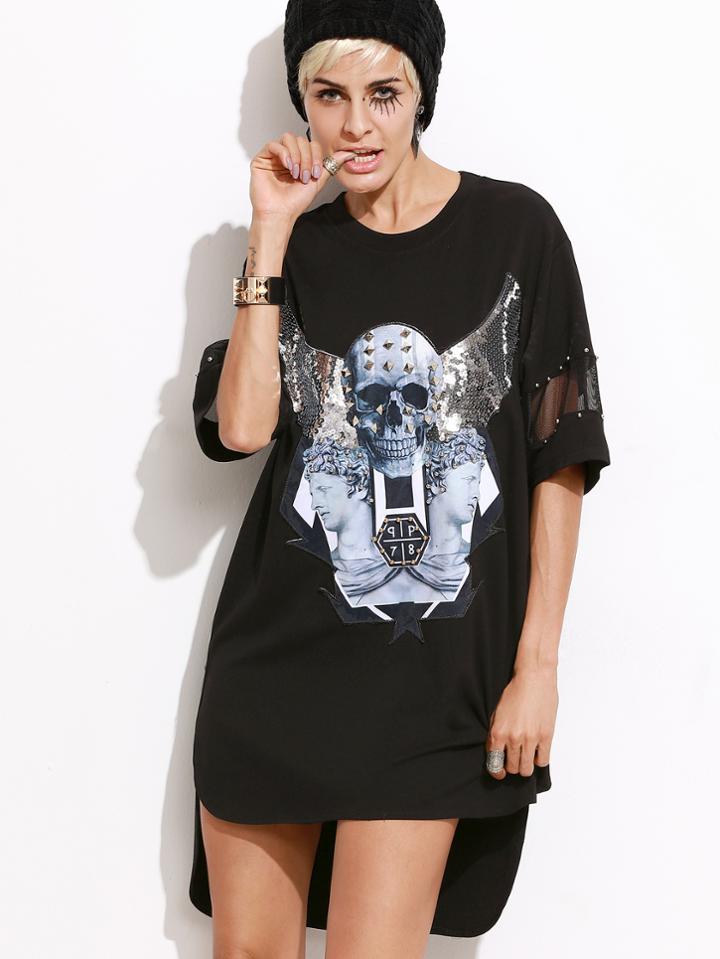 Romwe Black Studded Embellished Patch High Low Dress