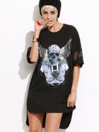Romwe Black Studded Embellished Patch High Low Dress