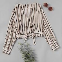 Romwe Striped Double Breasted Knot Hem V-neck Crop Blouse