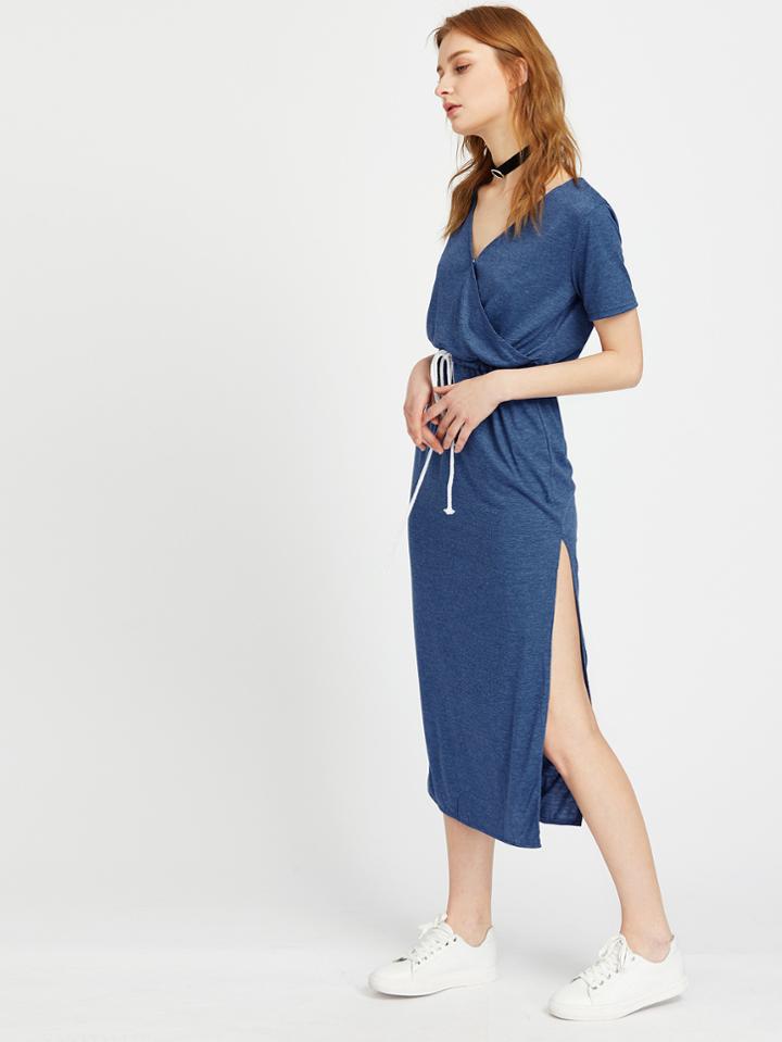Romwe V Neck Surplice Front Drawstring Dress
