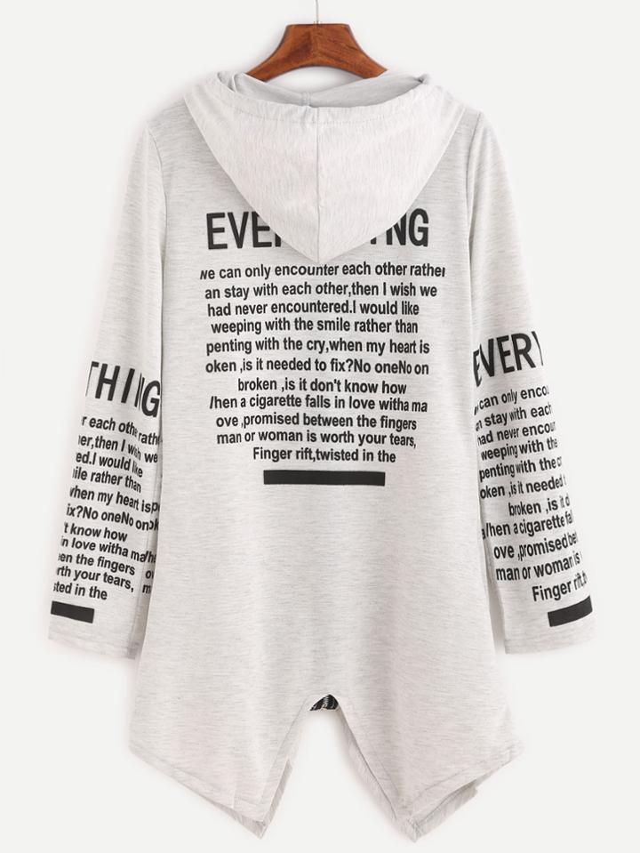 Romwe Light Grey Letters Print Drawstring Hooded Coat