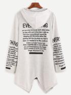 Romwe Light Grey Letters Print Drawstring Hooded Coat