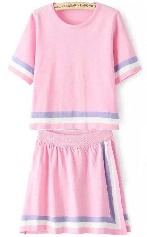 Romwe Striped Top With Split Pink Skirt