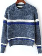 Romwe Striped Chunky Knit Blue Sweater