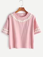 Romwe Pink Flower Applique Drop Shoulder T-shirt