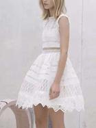Romwe Hollow Out Fit & Flare Lace Dress - White