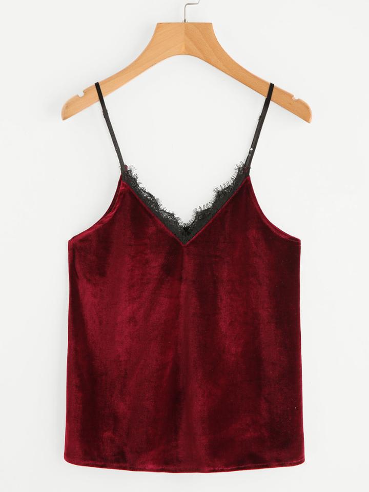 Romwe Velvet V Neckline Eyelash Lace Trim Cami Top