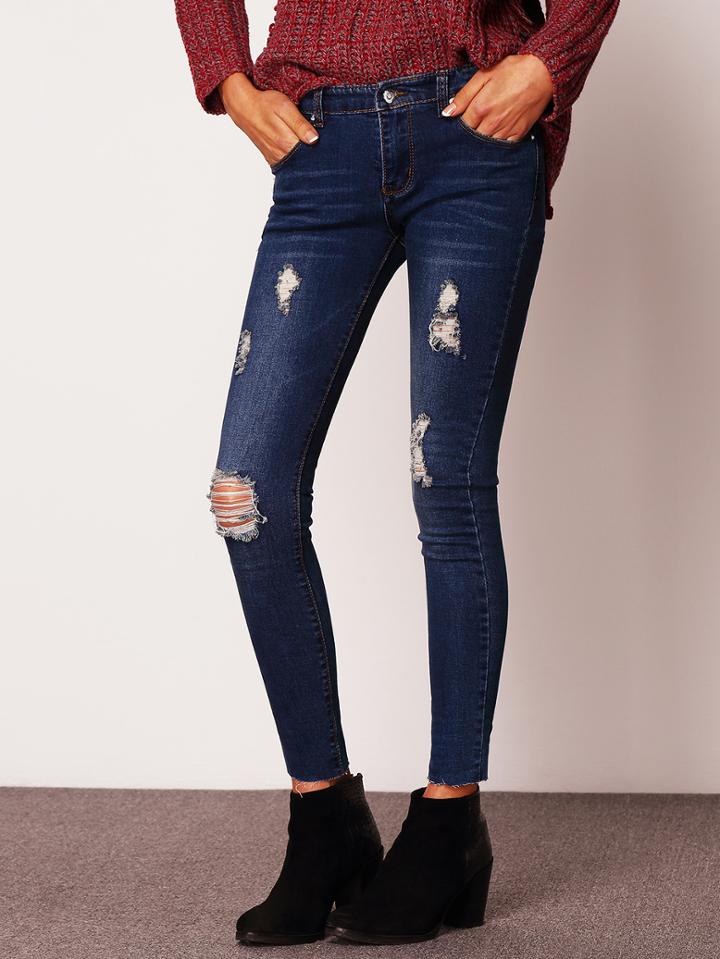 Romwe Women Ripped Denim Pant