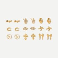 Romwe Cross & Wing Design Stud Earrings 9pairs