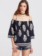 Romwe Navy Floral Cold Shoulder Tie Front Blouse