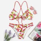 Romwe Twist Criss Cross Random Floral Bikini Set