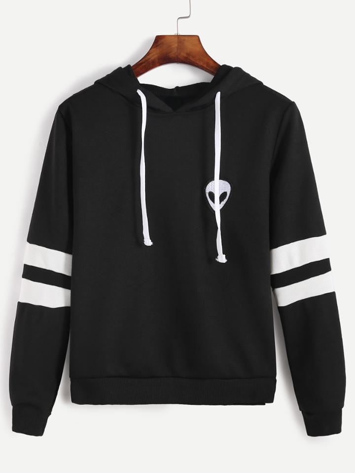 Romwe Varsity Striped Alien Embroidery Hooded Sweatshirt