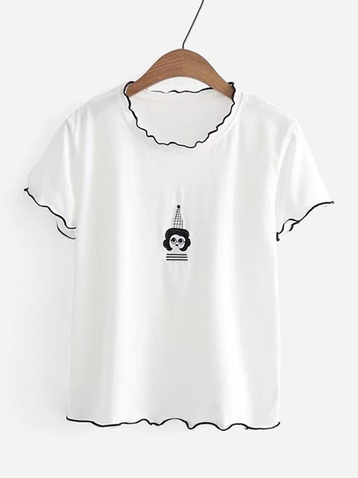 Romwe Contrast Lettuce Edge Embroidered Tee