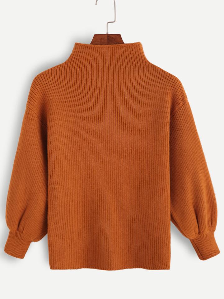 Romwe Khaki Turtleneck Lantern Sleeve Ribbed Sweater