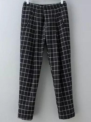 Romwe Black Pockets Plaids Harem Pants